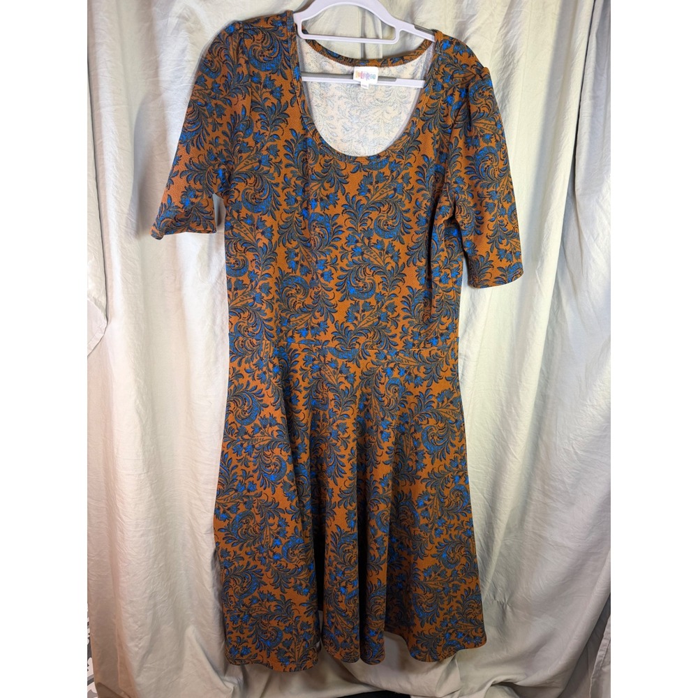 LuLaRoe Nicole Dress 2XL Blue Orange Damask Floral Fit Flare Short Sleeve Knit